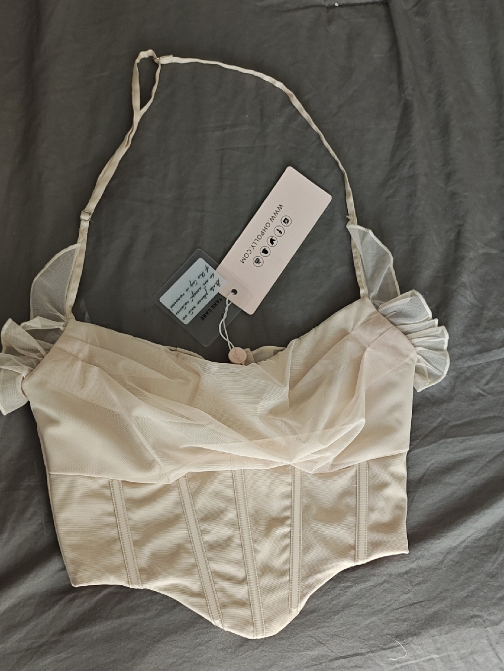 Ruffled Cream Corset Crop Top with Sheer Overlay